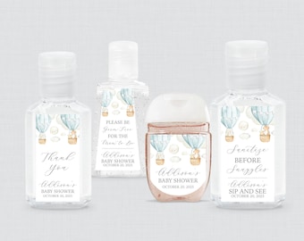 Blue Hot Air Balloon Baby Shower Hand Sanitizer Labels - Printed Up Up and Away Hand Sanitizer Favor Stickers with 5 Size Options - 0079-B
