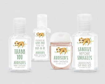 Sloth Baby Shower Hand Sanitizer Labels - Printed Sloth Themed Hand Sanitizer Favor Stickers with 5 Size Options - Sloth Shower Favor 0076