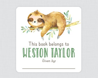 PRINTED Sloth Themed Bookplate Stickers - Sloth Baby Shower Book Plate Labels -  Sloth Baby Library Stickers 0076