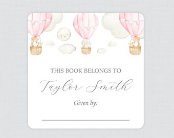 PRINTED Hot Air Balloon Bookplate Stickers in Pink - Neutral Hot Air Balloon Baby Shower Book Plate Labels - Baby Library Stickers 0079-p