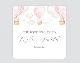 PRINTED Hot Air Balloon Bookplate Stickers in Pink - Neutral Hot Air Balloon Baby Shower Book Plate Labels - Baby Library Stickers 0079-p