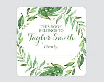 PRINTED Greenery Bookplate Stickers - Neutral Green Leaf Baby Shower Book Plate Labels -  Green Baby Library Stickers 0056