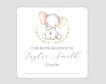 PRINTED Elephant Bookplate Stickers - Watercolor Elephant Baby Shower Book Plate Labels -  Neutral Elephant Baby Library Stickers 0080-e