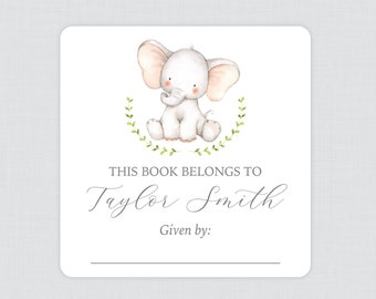 PRINTED Elephant Bookplate Stickers - Watercolor Elephant Baby Shower Book Plate Labels -  Neutral Elephant Baby Library Stickers 0080-e