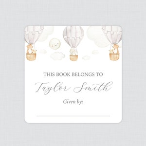 PRINTED Hot Air Balloon Bookplate Stickers in Gray - Neutral Hot Air Balloon Baby Shower Book Plate Labels - Baby Library Stickers 0079-g