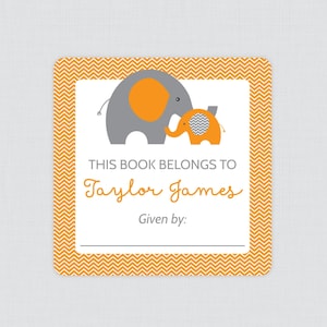 PRINTED Orange Elephant Bookplate Stickers - Orange Elephant Themed Baby Shower Book Plate Labels - Elephant Baby Library Stickers 0024-o