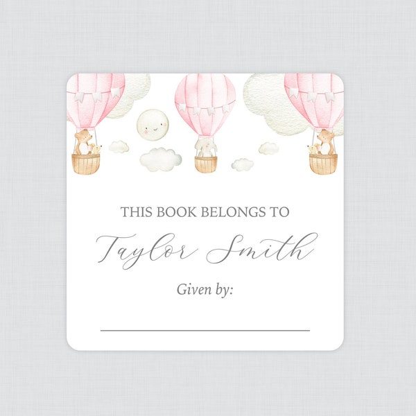 PRINTED Hot Air Balloon Bookplate Stickers in Pink - Neutral Hot Air Balloon Baby Shower Book Plate Labels - Baby Library Stickers 0079-p