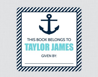PRINTED Nautical Bookplate Stickers - Navy and Aqua Nautical Baby Shower Book Plate Label - Aqua Anchor Baby Library Stickers 0029-A