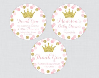 PRINTED Pink and Gold Princess Baby Shower Stickers - Pink and Gold Glitter Princess Circle Stickers - Princess Favor Labels - 0070-p