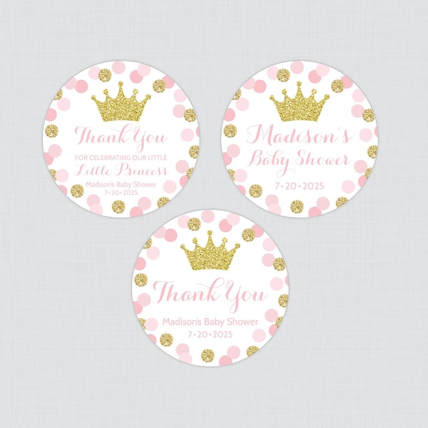 PRINTED Pink and Gold Princess Baby Shower Stickers - Pink and Gold Glitter Princess Circle Stickers - Princess Favor Labels - 0070-p