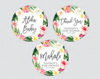 PRINTED Tropical Flower Baby Shower Stickers - Hawaiian Floral Favor Circle Stickers - Palm Leaf Beach Baby Shower Favor Labels - 0071