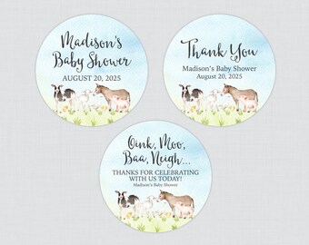 PRINTED Farm Baby Shower Stickers - Farm Animal Themed Circle Stickers - Baby Shower Favor Labels Cow Pig Horse Duck Goose 0075