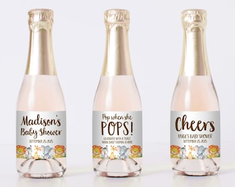 PRINTED Safari Mini Champagne Labels with Custom Wording - Safari Animal Themed Baby Shower Favor Labels - Elephant Giraffe Zebra Lion 0060