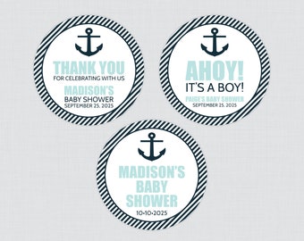 PRINTED Nautical Baby Shower Stickers - Navy and Blue Nautical Themed Circle Stickers - Baby Blue Anchor and Stripes Favor Labels - 0029-b