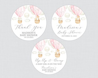 PRINTED Pink Hot Air Balloon Baby Shower Stickers - Pink Up Up And Away Circle Stickers - Hot Air Balloon with Bear Elephant Mouse - 0079-P