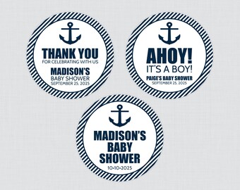 PRINTED Nautical Baby Shower Stickers - Navy and White Nautical Themed Circle Stickers - Navy Blue Anchor and Stripes Favor Labels - 0029-n