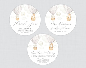 PRINTED Gray Hot Air Balloon Baby Shower Stickers - Gray Up Up And Away Circle Stickers - Hot Air Balloon with Bear Elephant Mouse - 0079-G