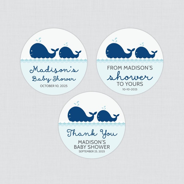 PRINTED Whale Baby Shower Stickers - Navy Whale Themed Circle Stickers - Navy and Blue Nautical Whale Baby Shower Favor Labels - 0033-n