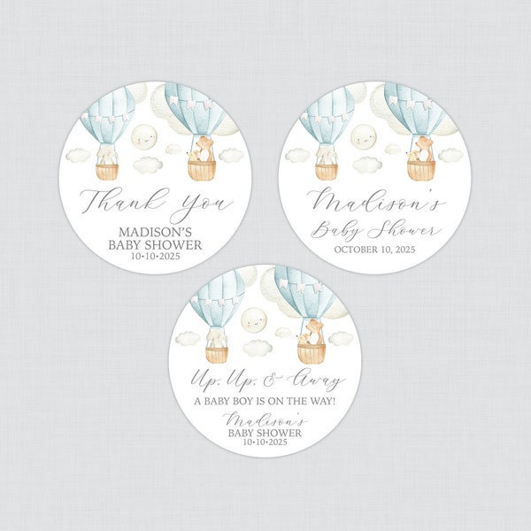 PRINTED Blue Hot Air Balloon Baby Shower Stickers - Blue Up Up And Away Circle Stickers - Hot Air Balloon with Bear Elephant Mouse - 0079-B