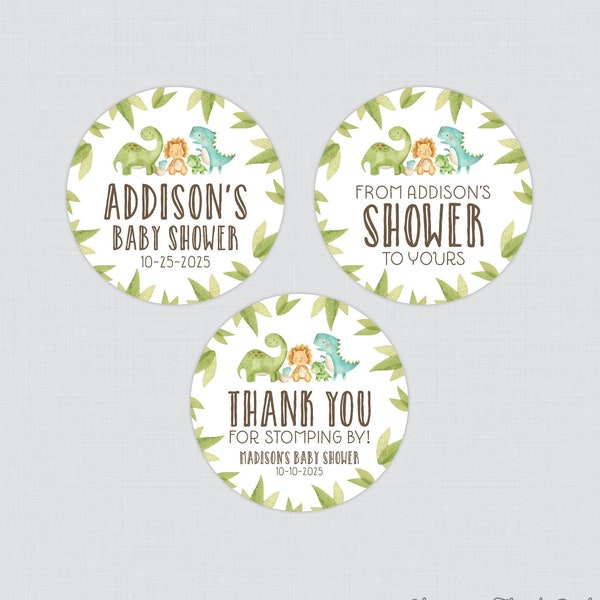 PRINTED Dinosaur Baby Shower Stickers - Dino Themed Circle Stickers - Dinosaur Favor Labels for Baby Shower or Party - 0077