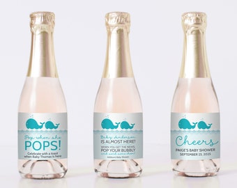 PRINTED Aqua Whale Themed Mini Champagne Labels with Custom Wording - Aqua Blue Nautical Baby Shower Mini Champagne Bottle Labels - 0033-A