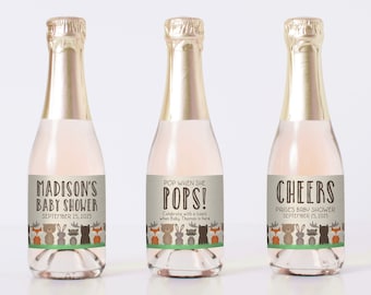 PRINTED Woodland Mini Champagne Labels with Custom Wording - Woodland Animal Themed Baby Shower Mini Champagne Bottle Labels - Fox Bear 0010