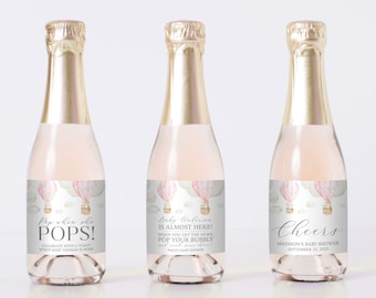 PRINTED Pink Hot Air Balloon Mini Champagne Labels with Custom Wording - Pink Balloon and Animal Baby Shower Mini Champagne Labels - 0079-p