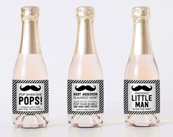 PRINTED Mustache Mini Champagne Labels with Custom Wording - Black and White Mustache Themed Baby Shower Mini Champagne Labels, 0002-K