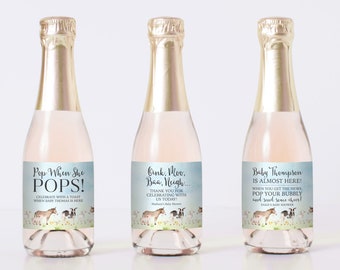 PRINTED Farm Themed Mini Champagne Labels with Custom Wording - Farm Animal Baby Shower Mini Champagne Bottle Labels - Cow Chicken Pig 0075