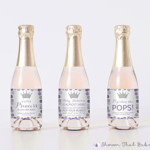 PRINTED Purple Princess Themed Mini Champagne Labels with Custom Wording - Purple and Silver Princess Baby Shower Favor Labels - 0070-R