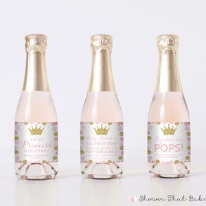 PRINTED Princess Themed Mini Champagne Labels with Custom Wording - Pink and Gold Princess Baby Shower Favor Labels - 0070-p