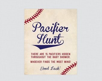 Baseball Baby Shower Pacifier Hunt Game Sign - Printable Download Vintage Baseball Themed Pacifier Hunt Activity Sign - Baseball Baby 0027