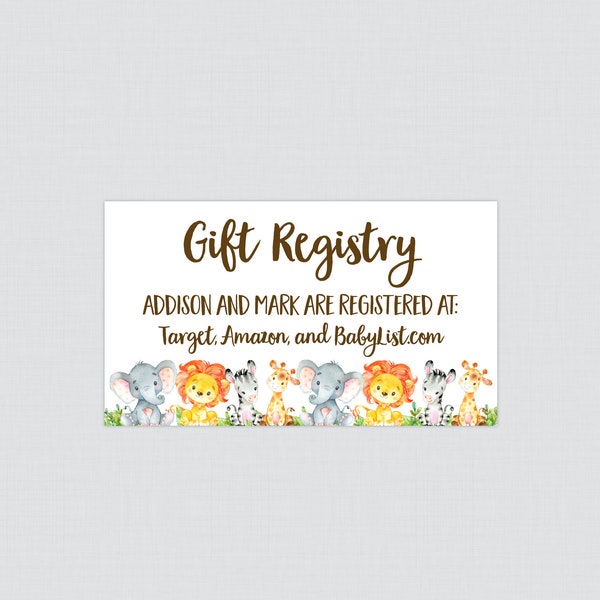 Printable or Printed Safari Registry Inserts - Safari Animal Themed Baby Shower Gift Registry Insert Cards, Elephant Giraffe Zebra Lion 0060