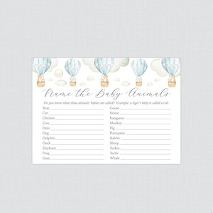 Blue Hot Air Balloon Baby Animal Name Game - Up and Away Baby Shower Baby Animal Name Quiz - Printable Download - Baby Animal Match - 0079-B