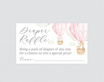 Pink Hot Air Balloon Diaper Raffle Tickets and Diaper Raffle Sign - Printable Pink Up and Away Themed Diaper Raffle Cards and Sign 0079-P