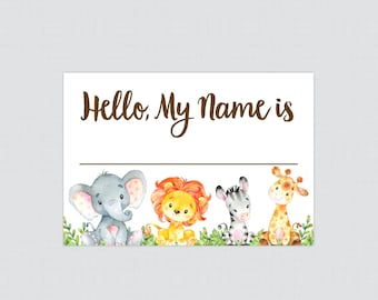 Printable Safari Name Tag Stickers - Safari Themed Baby Shower Name Tag Labels - Safari Animal Hello, My Name Is Stickers - Elephant 0060