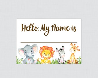 Printable Safari Name Tag Stickers - Safari Themed Baby Shower Name Tag Labels - Safari Animal Hello, My Name Is Stickers - Elephant 0060