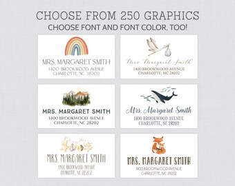 PRINTED Recipient Address Labels - Choose Your Graphic, Font, & Font Color - Baby Shower or Kid Party Guest Address Labels - 0082