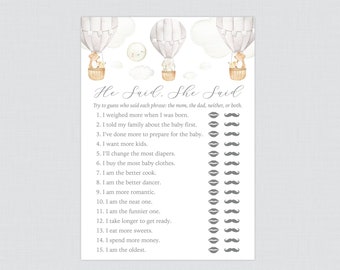 Gray Hot Air Balloon Mommy or Daddy Baby Shower Quiz - Gray Up and Away Themed He Said She Said Game - Baby Shower Phrases Quiz Game 0079-G