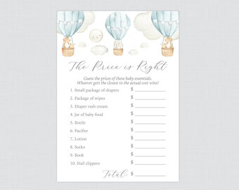 Blue Hot Air Balloon Baby Shower Price is Right Game - Printable Up and Away Baby Shower Game Instant Download - Price is Right 0079-B