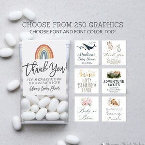 May include: A set of 6 printable favor tags for a baby shower or birthday party. The tags feature a variety of designs, including a rainbow, a whale, a stork, a mountain range, a floral arrangement, and a teddy bear. The text on the tags includes "Thank You", "Baby Shower", "1st Birthday", "Adventure Awaits", "Baby in Bloom", and "Thank You Beary Much".