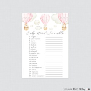 Rosa Heißluftballon Baby Shower Wort-Rätsel-Spiel - druckbare Sofort-Download Baby Wort-Rätsel-Karten - Up and Away Shower Spiel 0079-P