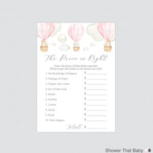 Pink Hot Air Balloon Baby Shower Price is Right Game - Printable Up and Away Baby Shower Game Instant Download - Pink Price is Right 0079-P