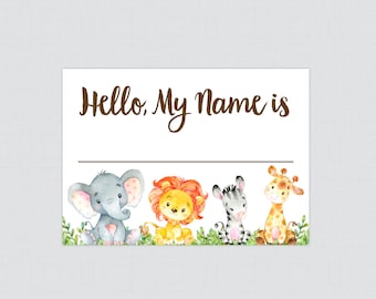 Safari Name Tag Stickers - Printed Safari Baby Shower Name Tag Labels - Safari Animal Themed Hello, My Name Is Sticker Elephant Giraffe 0060