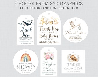 PRINTED Baby Shower Favor Tags - Choose Your Graphic, Font, Font Color - Baby Shower or Party Gift Tag, Circle, Arch, or Square Tag 0082