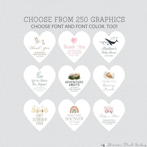 PRINTED Heart Shaped Stickers - Choose Your Graphic, Font, & Font Color Baby Shower or Party Heart Favor Sticker Labels - 0082