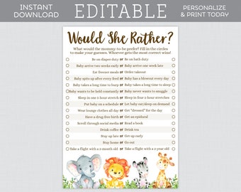 EDITABLE Would She Rather Baby Shower Game - Safari Baby Shower Would She Rather Editable Template - Safari Animal Themed Activity 0060