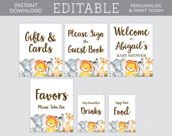 EDITABLE Safari Baby Shower Signs Package - 8x10 AND 5x7" Sized Printable Safari Animal Themed Table Signs - Welcome, Favors Sign, Gift 0060