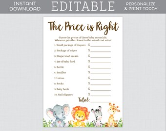 EDITABLE Safari Baby Shower Price is Right Game - Editable Price is Right Activity - Safari Animal Themed Price is Right Template 0060
