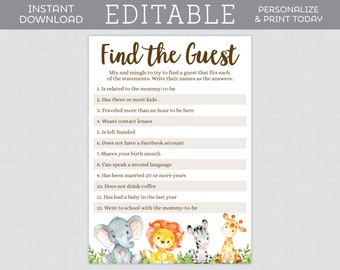 EDITABLE Find the Guest Baby Shower Game - Safari Baby Shower Find the Guest Game - Safari Animal Themed Find the Guest Template 0060